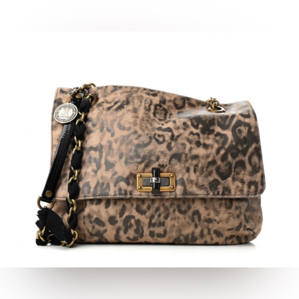 LANVIN Nubuck Leopard Print Large Happy Shoulder Bag